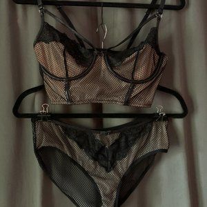 "Chrysti" Fishnet + Lace Lingerie Set: Longline Demi Cup Bra & Hipster Panty